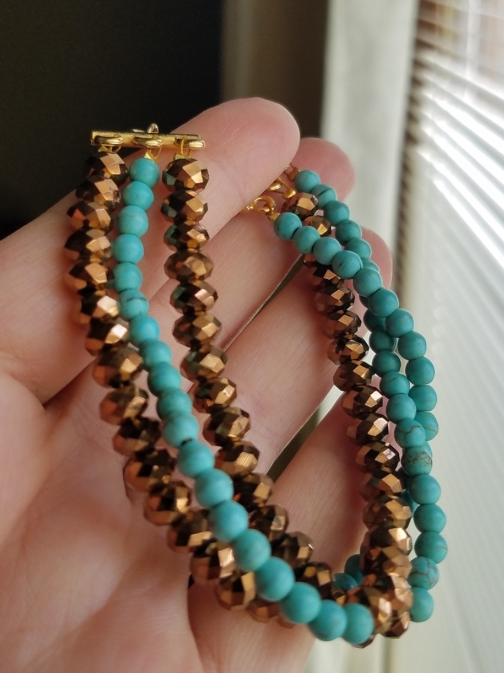 Swarovski Elements Bronze Metallic Crystal & Turquoise Beads Bracelet - Handmade
